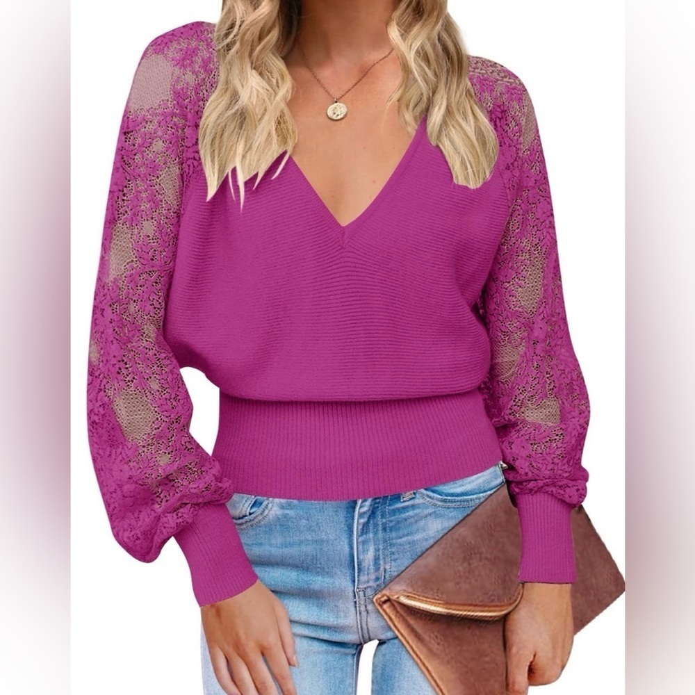 Merokeety Purple Lace Long Sleeve Ribbed Knit V Neck Sweater Top Size Small